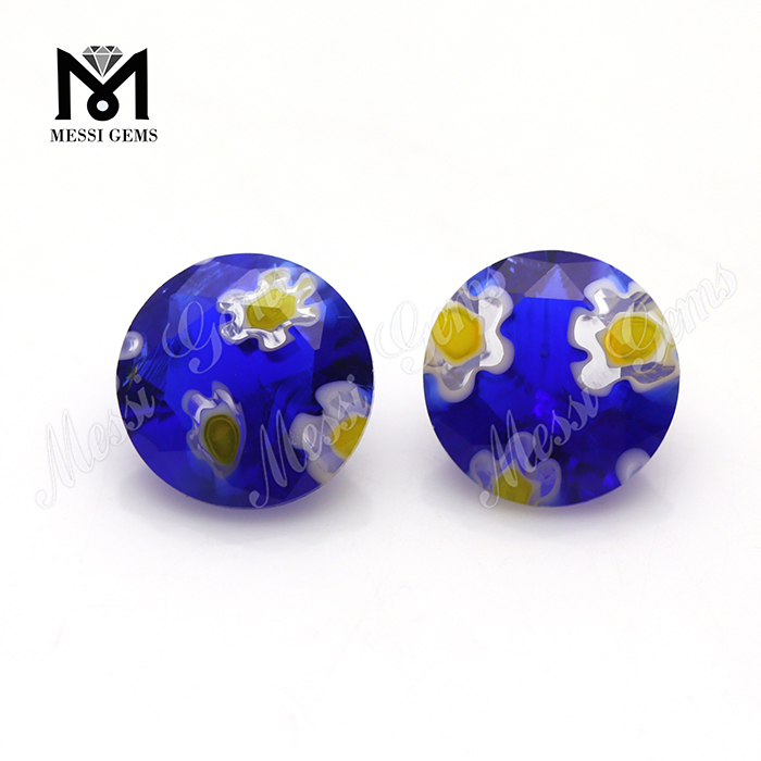 8,0 mm rund blå blomster dekorativ farvet glas sten