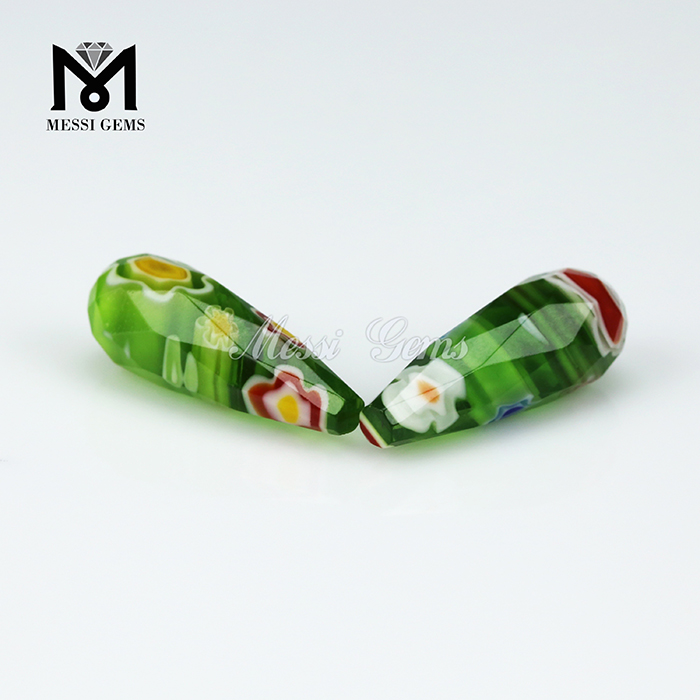 Forma de gota de color verde Murano Frost Glass Bead Millefiorie